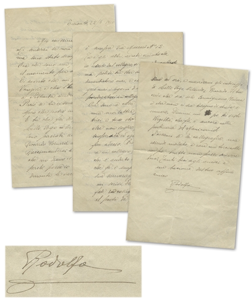 Rudolph Valentino Autograph Letter Signed ''Rodolfo'' From 1910 -- ''...Now I'm at home, sick with a disease that I caught from streetwalkers...''